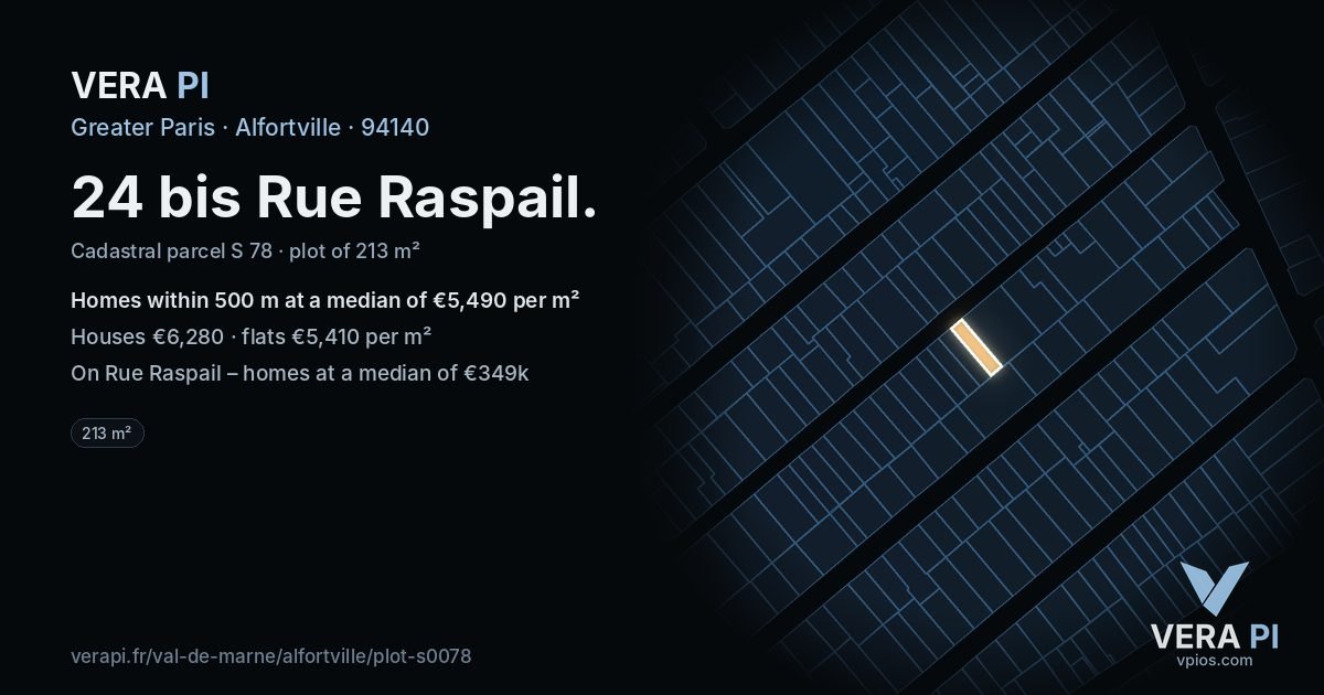 24 bis Rue Raspail, Alfortville at night – the plot lit, the parcels around coloured by the prices near them
