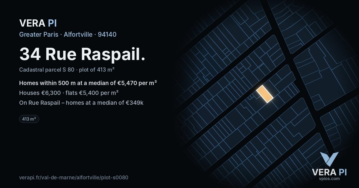 34 Rue Raspail, Alfortville at night – the plot lit, the parcels around coloured by the prices near them