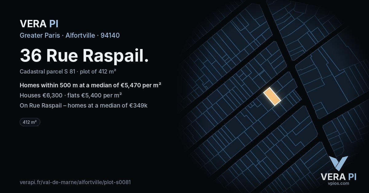 36 Rue Raspail, Alfortville at night – the plot lit, the parcels around coloured by the prices near them