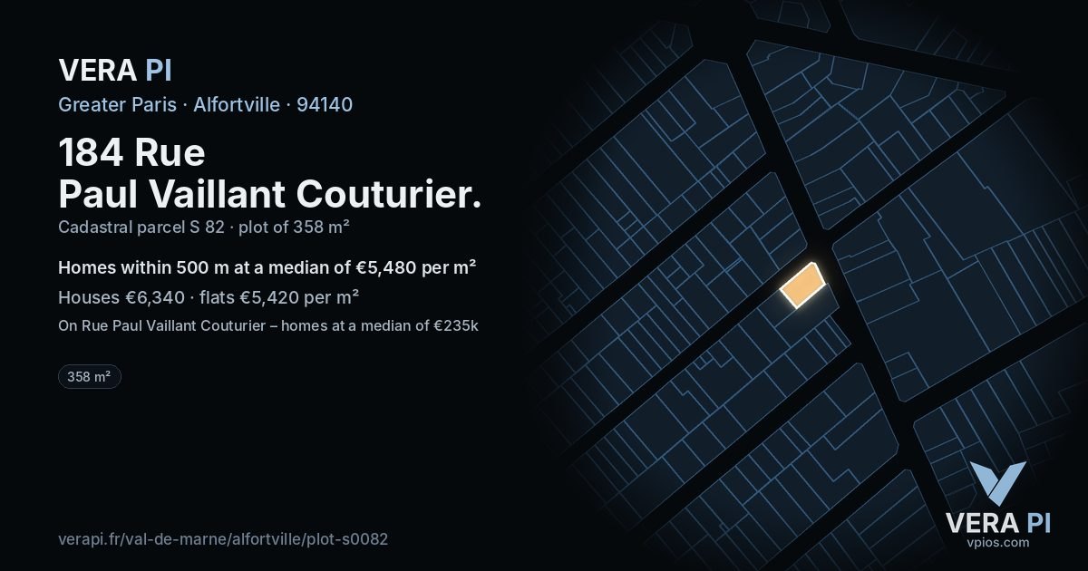 184 Rue Paul Vaillant Couturier, Alfortville at night – the plot lit, the parcels around coloured by the prices near them