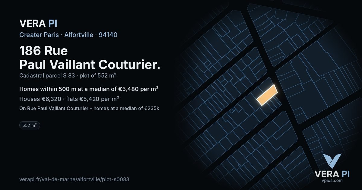 186 Rue Paul Vaillant Couturier, Alfortville at night – the plot lit, the parcels around coloured by the prices near them