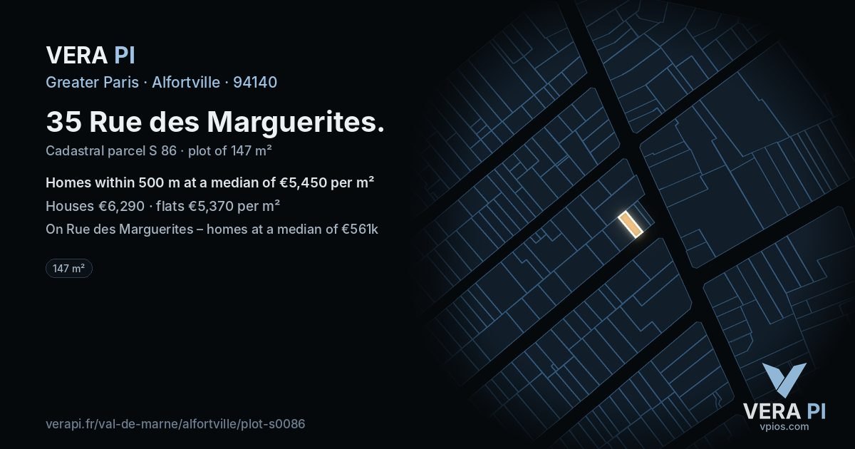 35 Rue des Marguerites, Alfortville at night – the plot lit, the parcels around coloured by the prices near them