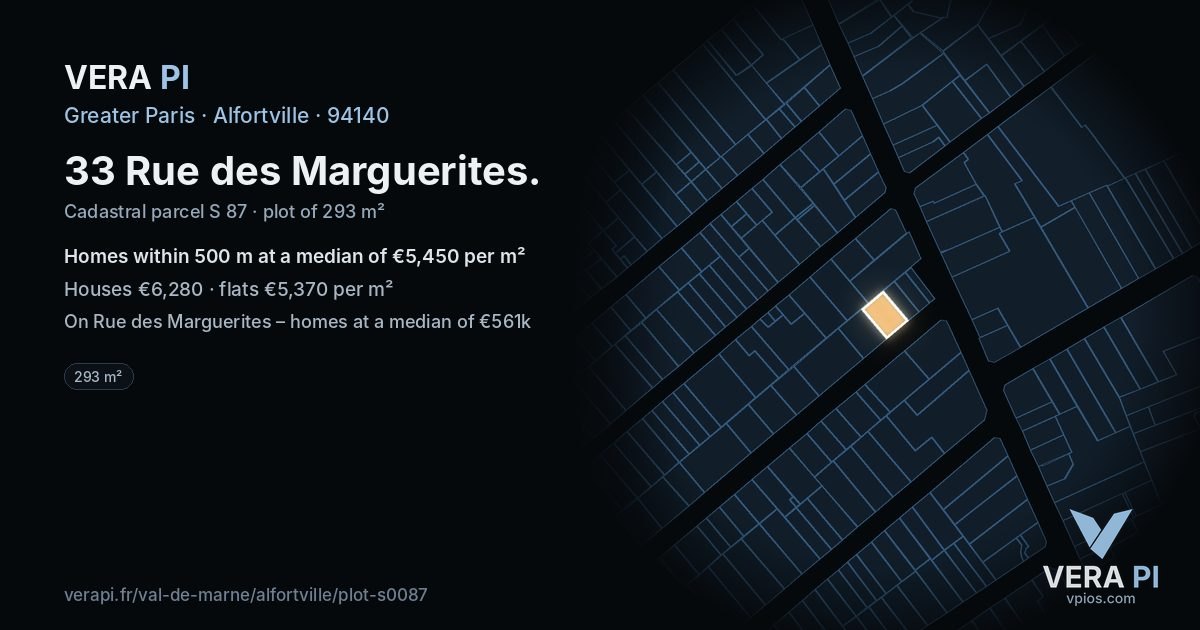 33 Rue des Marguerites, Alfortville at night – the plot lit, the parcels around coloured by the prices near them