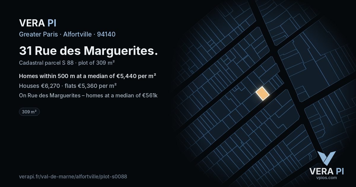 31 Rue des Marguerites, Alfortville at night – the plot lit, the parcels around coloured by the prices near them
