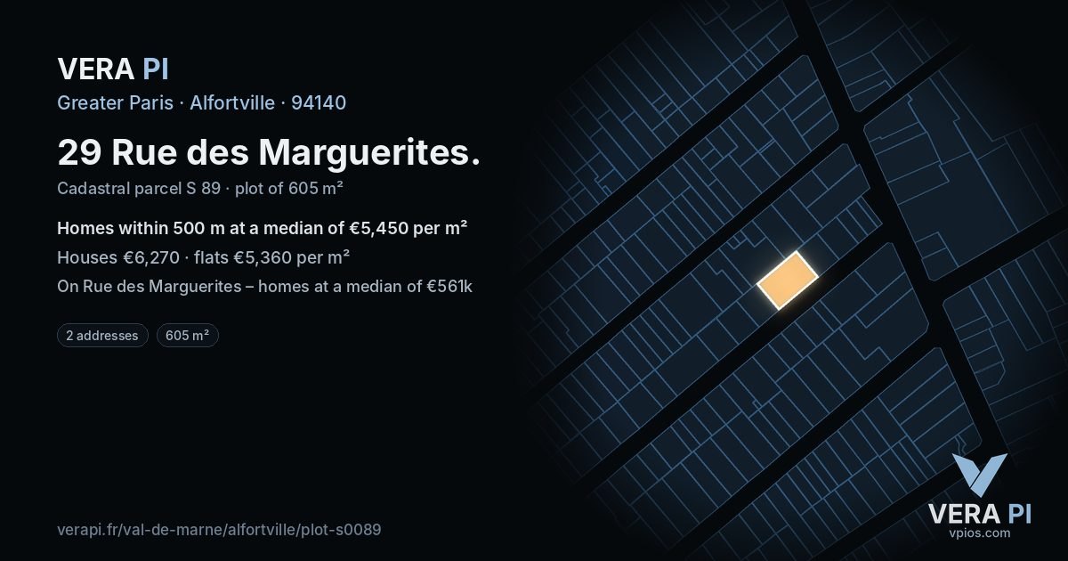 29 Rue des Marguerites, Alfortville at night – the plot lit, the parcels around coloured by the prices near them