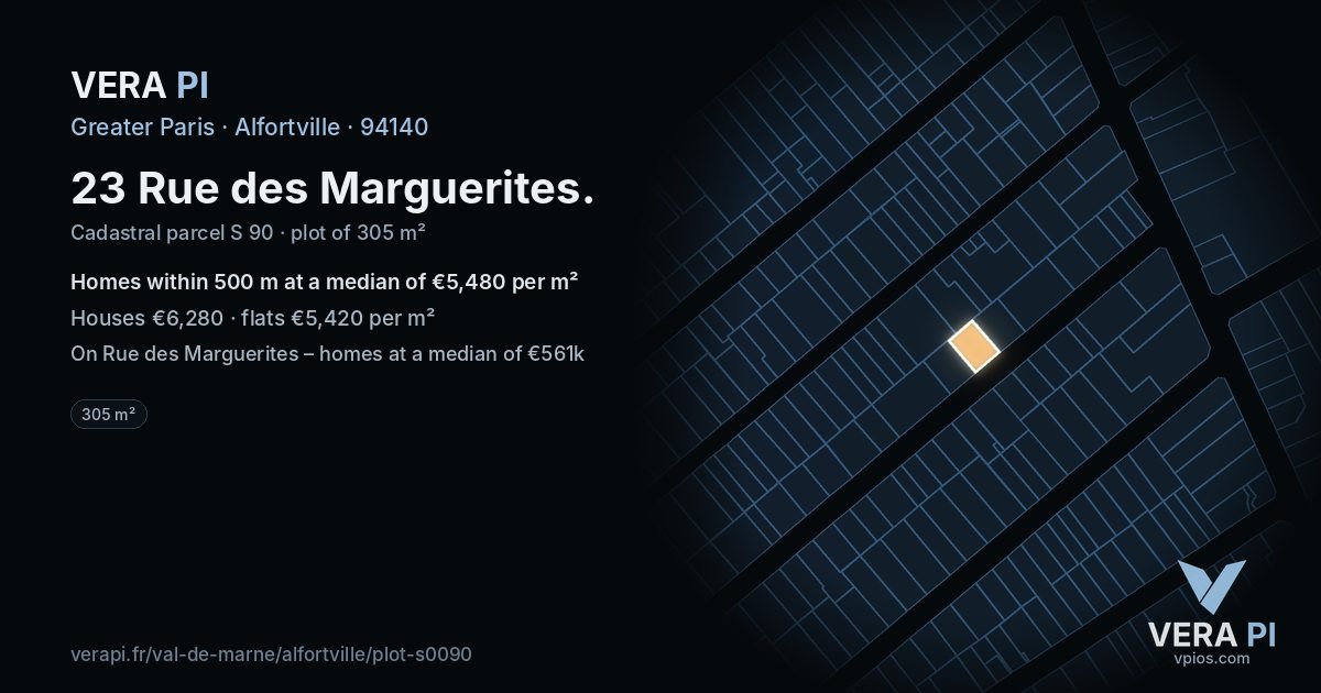 23 Rue des Marguerites, Alfortville at night – the plot lit, the parcels around coloured by the prices near them