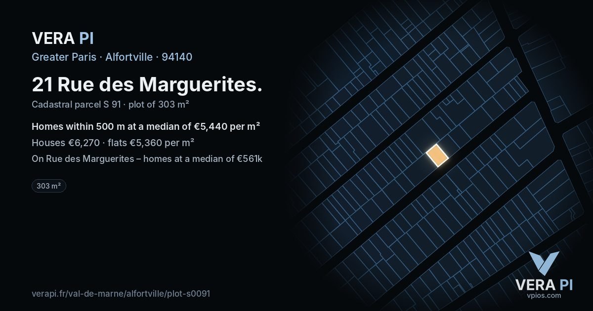21 Rue des Marguerites, Alfortville at night – the plot lit, the parcels around coloured by the prices near them