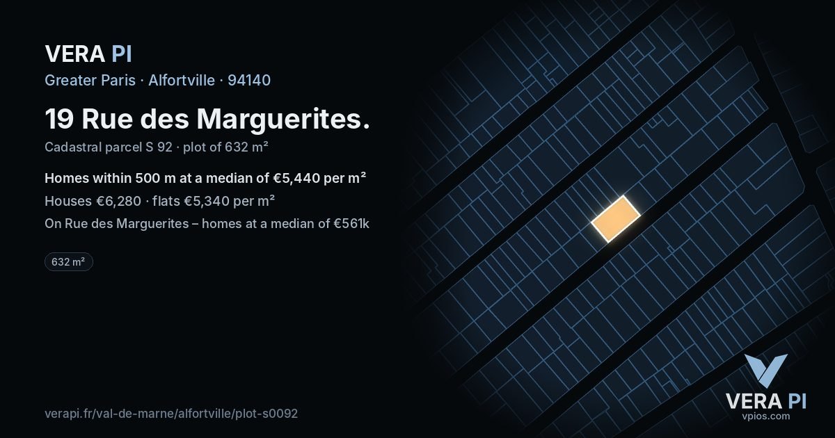 19 Rue des Marguerites, Alfortville at night – the plot lit, the parcels around coloured by the prices near them