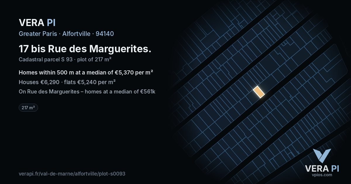 17 bis Rue des Marguerites, Alfortville at night – the plot lit, the parcels around coloured by the prices near them