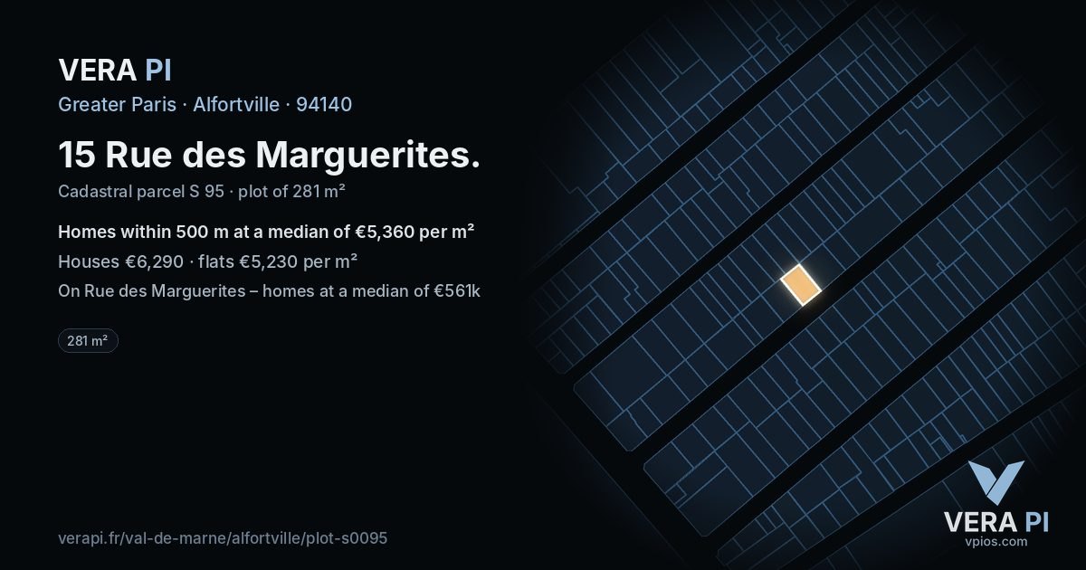 15 Rue des Marguerites, Alfortville at night – the plot lit, the parcels around coloured by the prices near them