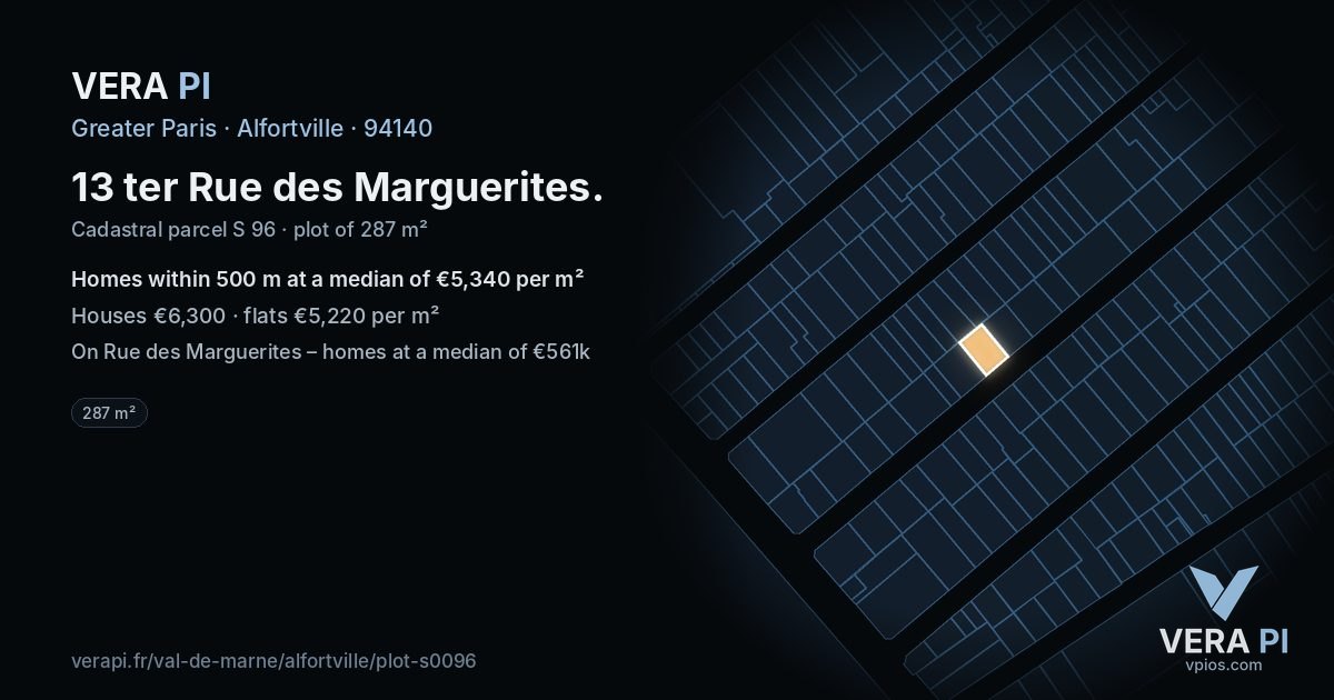 13 ter Rue des Marguerites, Alfortville at night – the plot lit, the parcels around coloured by the prices near them