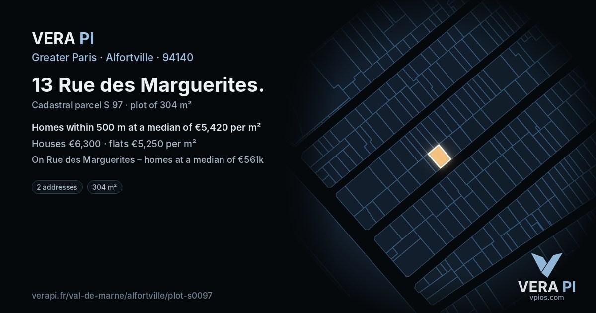 13 Rue des Marguerites, Alfortville at night – the plot lit, the parcels around coloured by the prices near them
