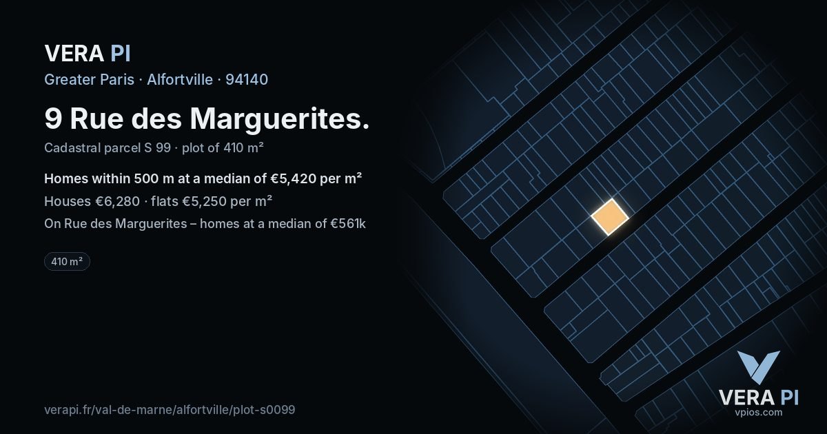 9 Rue des Marguerites, Alfortville at night – the plot lit, the parcels around coloured by the prices near them