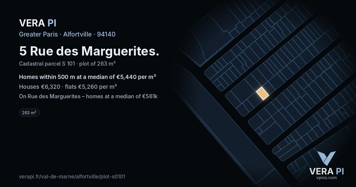 5 Rue des Marguerites, Alfortville at night – the plot lit, the parcels around coloured by the prices near them