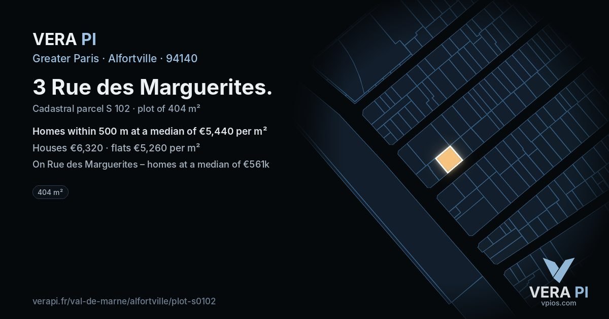 3 Rue des Marguerites, Alfortville at night – the plot lit, the parcels around coloured by the prices near them