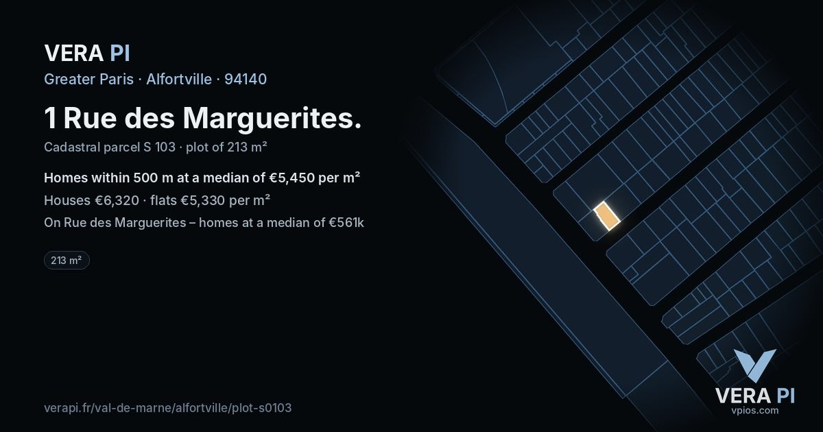 1 Rue des Marguerites, Alfortville at night – the plot lit, the parcels around coloured by the prices near them