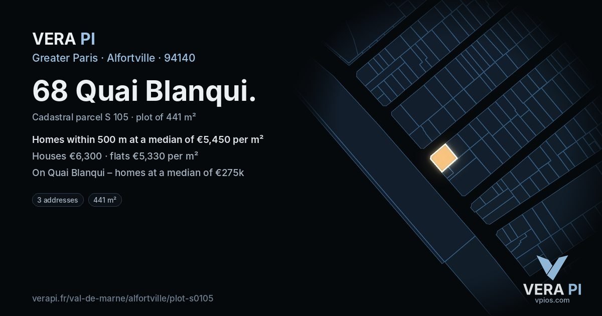 68 Quai Blanqui, Alfortville at night – the plot lit, the parcels around coloured by the prices near them