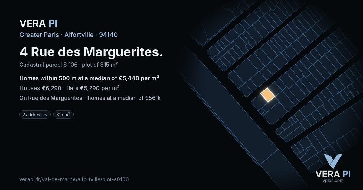 4 Rue des Marguerites, Alfortville at night – the plot lit, the parcels around coloured by the prices near them