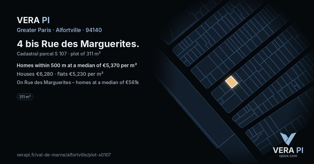 4 bis Rue des Marguerites, Alfortville at night – the plot lit, the parcels around coloured by the prices near them