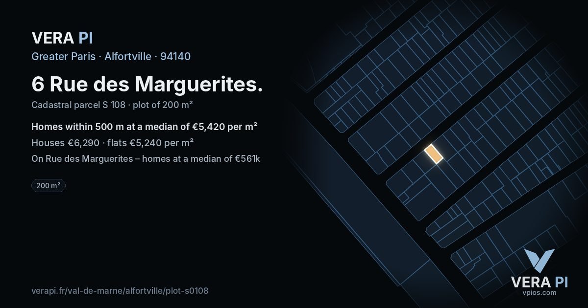 6 Rue des Marguerites, Alfortville at night – the plot lit, the parcels around coloured by the prices near them