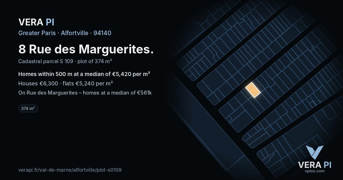8 Rue des Marguerites, Alfortville at night – the plot lit, the parcels around coloured by the prices near them