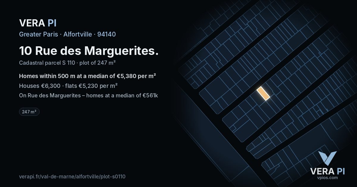 10 Rue des Marguerites, Alfortville at night – the plot lit, the parcels around coloured by the prices near them