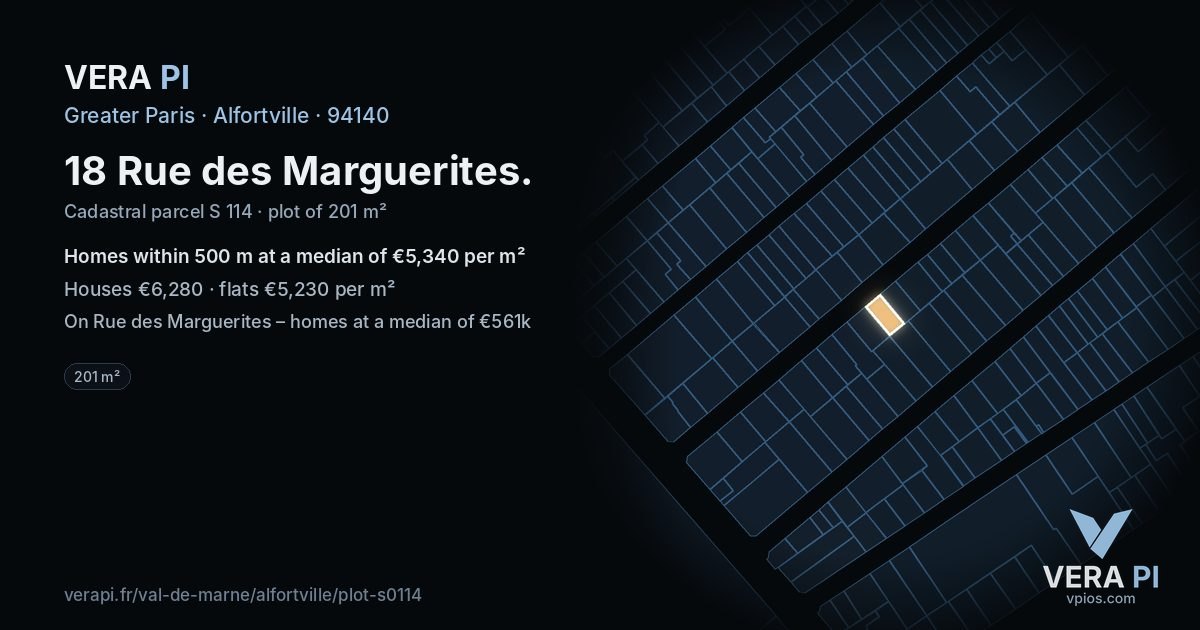 18 Rue des Marguerites, Alfortville at night – the plot lit, the parcels around coloured by the prices near them