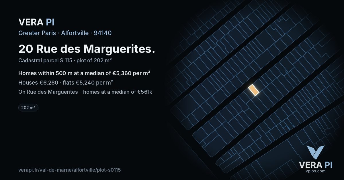 20 Rue des Marguerites, Alfortville at night – the plot lit, the parcels around coloured by the prices near them