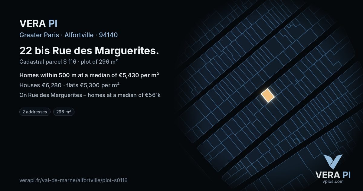22 bis Rue des Marguerites, Alfortville at night – the plot lit, the parcels around coloured by the prices near them
