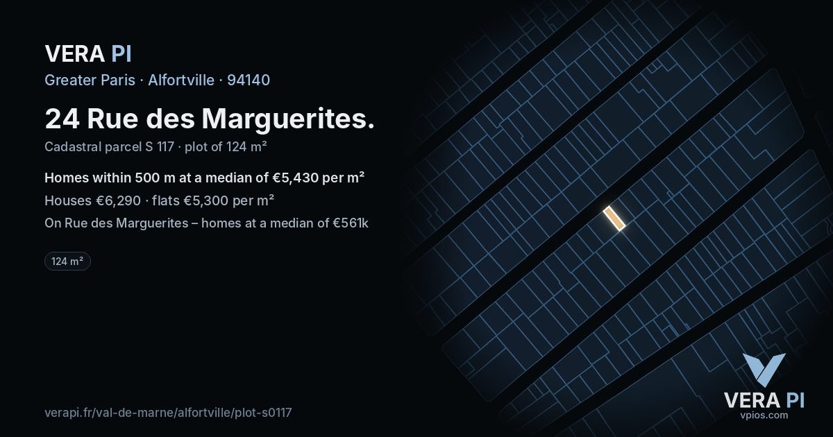 24 Rue des Marguerites, Alfortville at night – the plot lit, the parcels around coloured by the prices near them