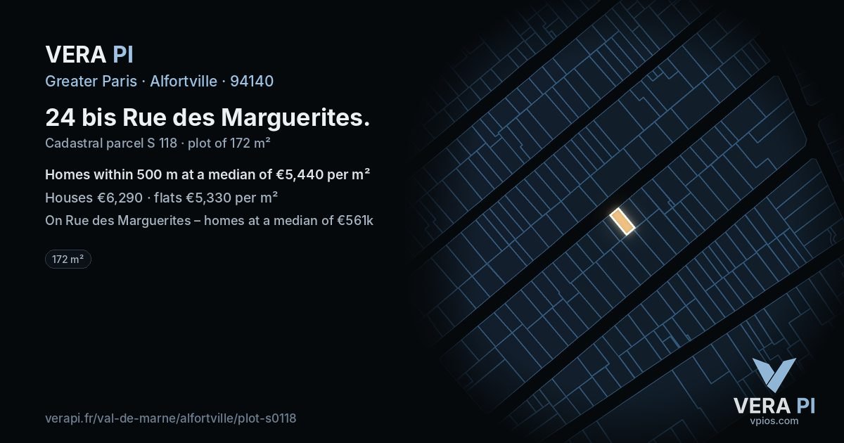 24 bis Rue des Marguerites, Alfortville at night – the plot lit, the parcels around coloured by the prices near them