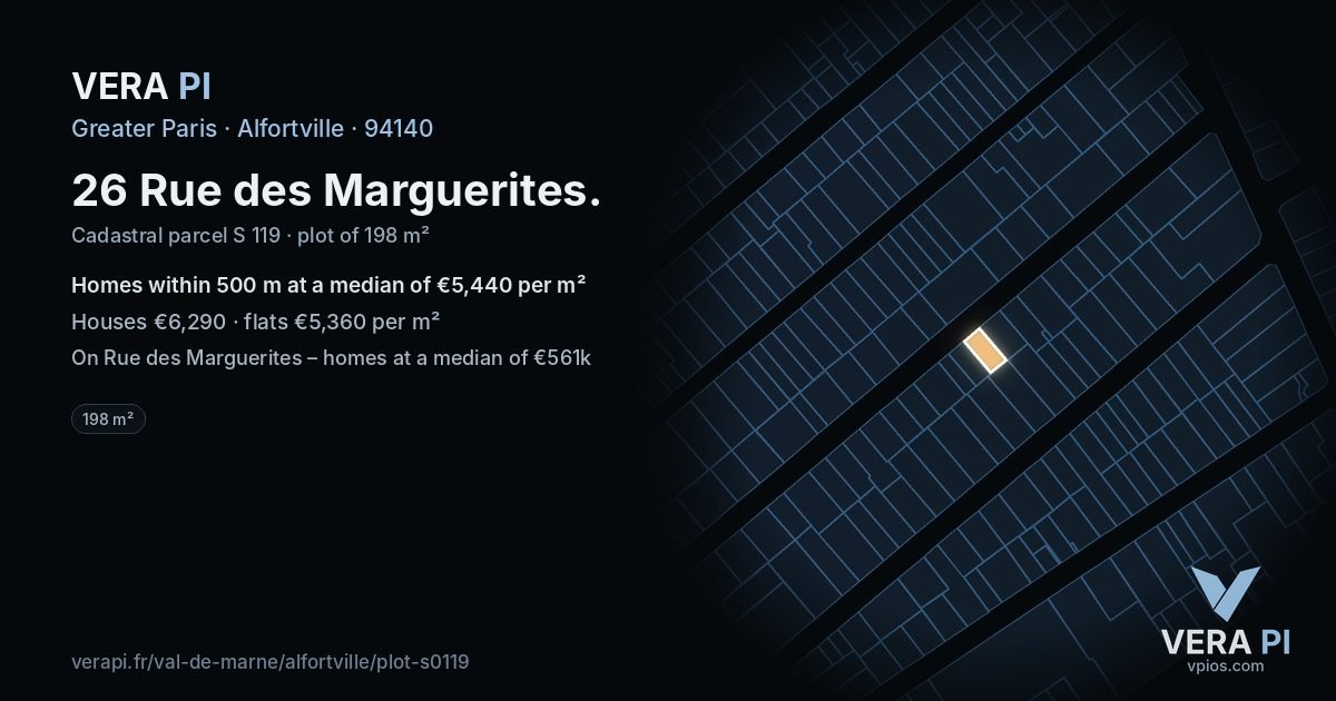 26 Rue des Marguerites, Alfortville at night – the plot lit, the parcels around coloured by the prices near them