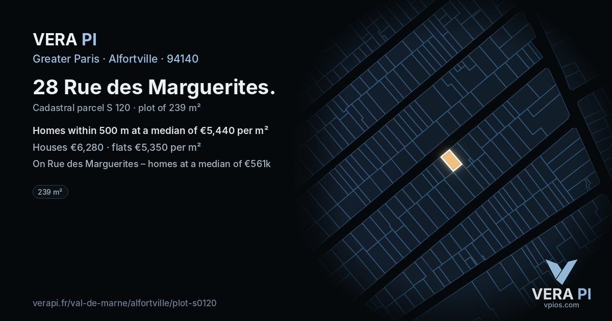 28 Rue des Marguerites, Alfortville at night – the plot lit, the parcels around coloured by the prices near them