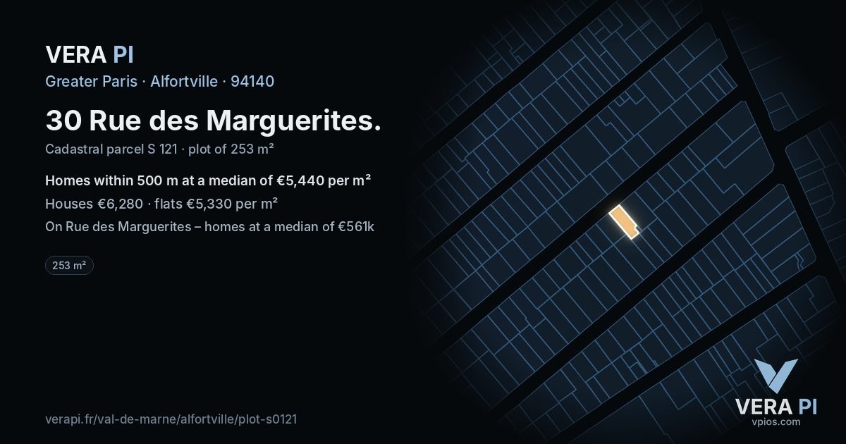 30 Rue des Marguerites, Alfortville at night – the plot lit, the parcels around coloured by the prices near them