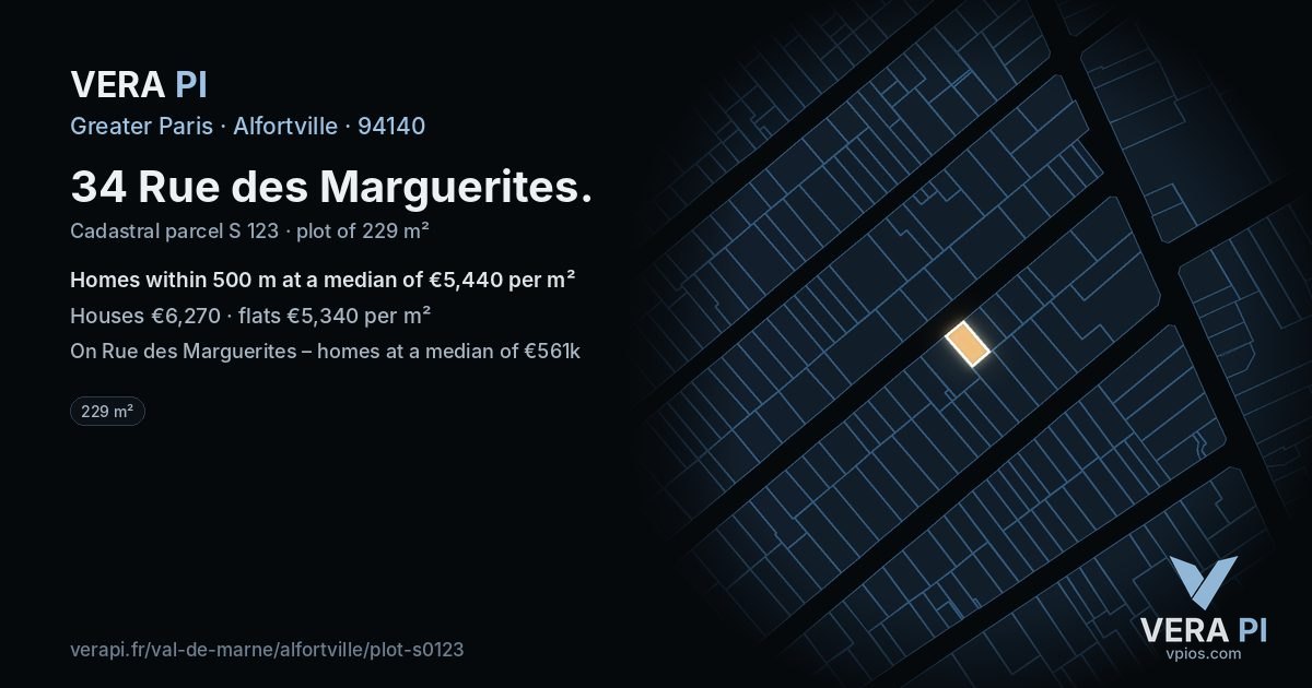 34 Rue des Marguerites, Alfortville at night – the plot lit, the parcels around coloured by the prices near them
