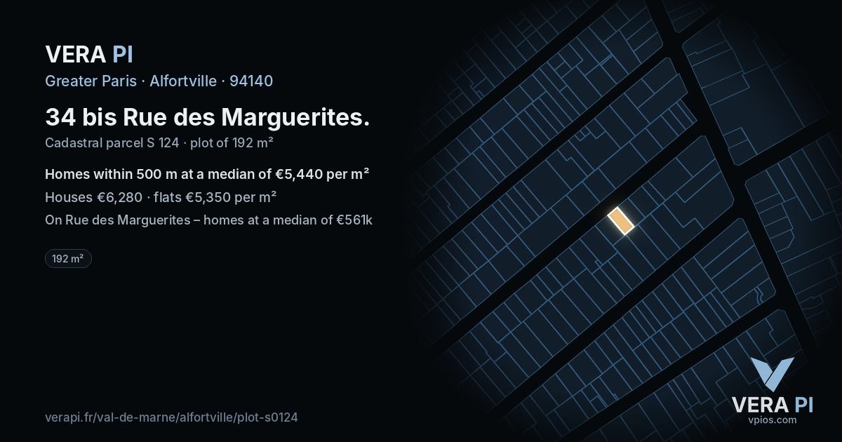 34 bis Rue des Marguerites, Alfortville at night – the plot lit, the parcels around coloured by the prices near them