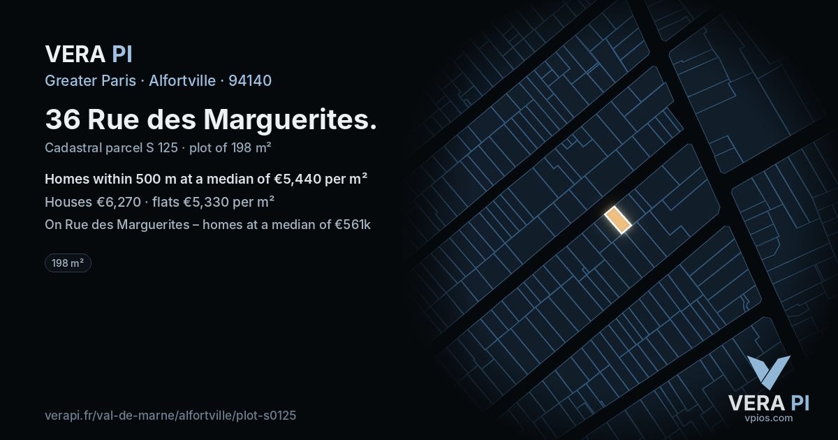 36 Rue des Marguerites, Alfortville at night – the plot lit, the parcels around coloured by the prices near them