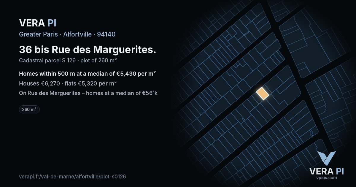 36 bis Rue des Marguerites, Alfortville at night – the plot lit, the parcels around coloured by the prices near them