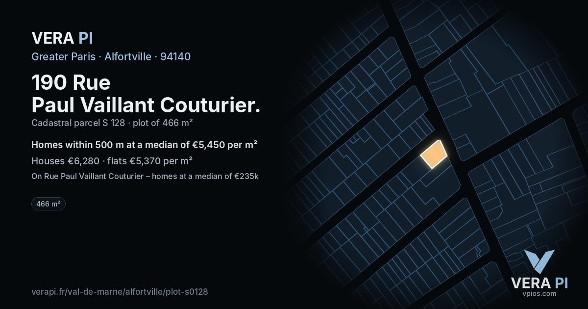 190 Rue Paul Vaillant Couturier, Alfortville at night – the plot lit, the parcels around coloured by the prices near them