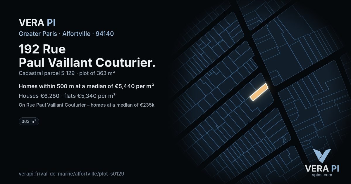 192 Rue Paul Vaillant Couturier, Alfortville at night – the plot lit, the parcels around coloured by the prices near them