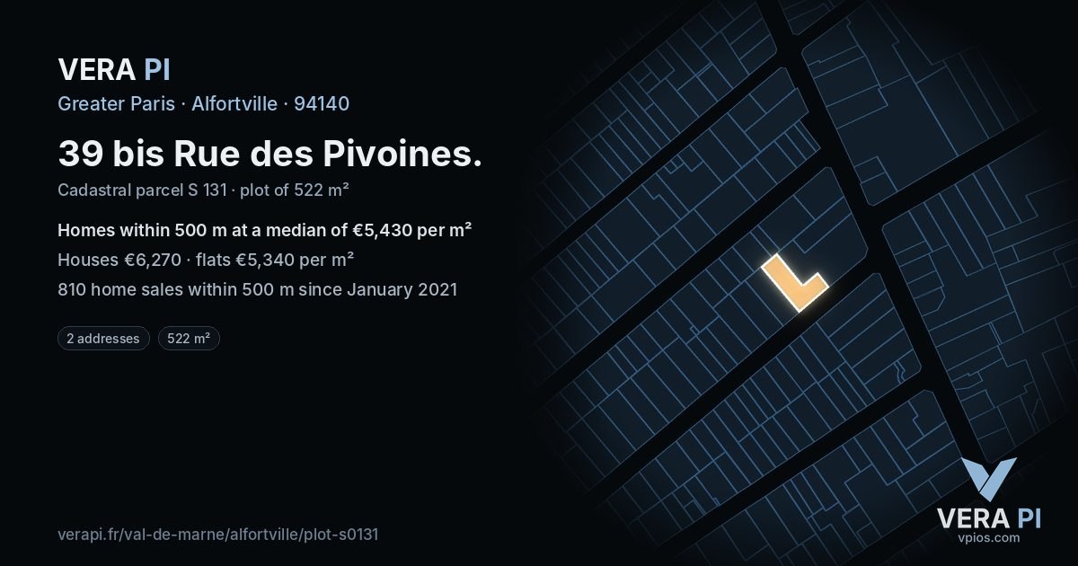 39 bis Rue des Pivoines, Alfortville at night – the plot lit, the parcels around coloured by the prices near them