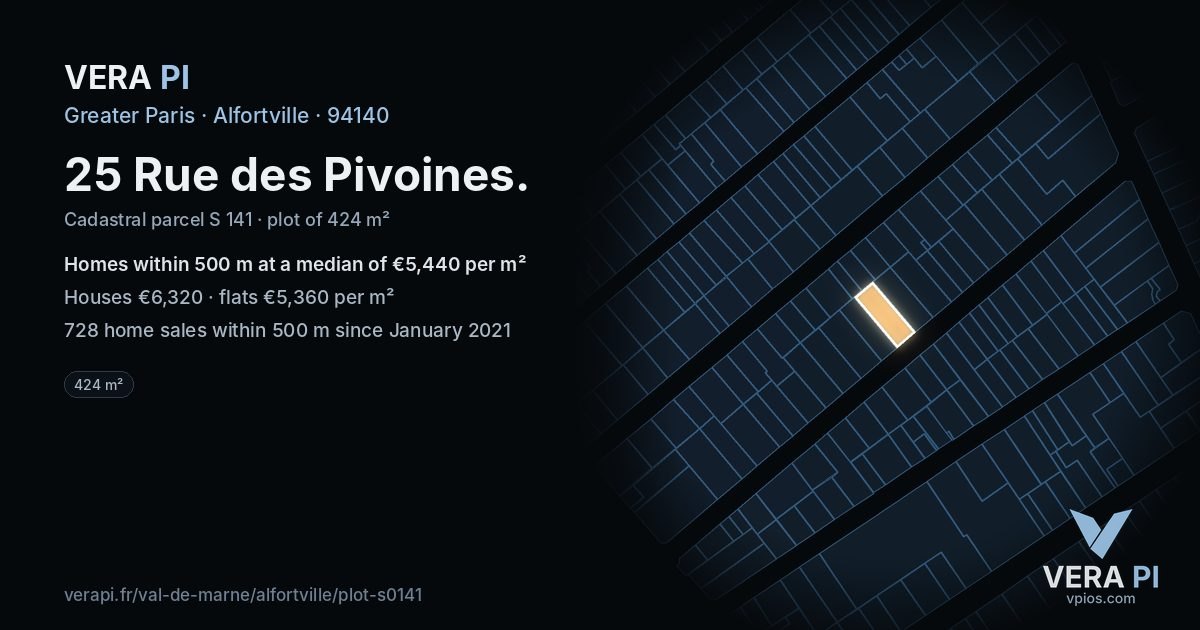 25 Rue des Pivoines, Alfortville at night – the plot lit, the parcels around coloured by the prices near them