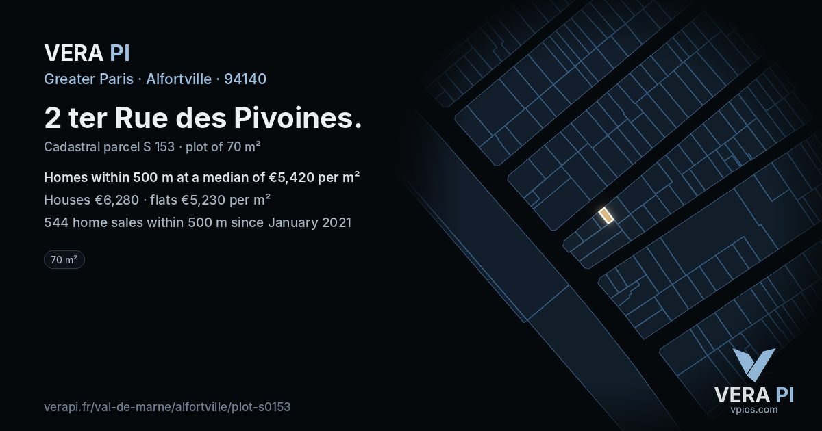 2 ter Rue des Pivoines, Alfortville at night – the plot lit, the parcels around coloured by the prices near them