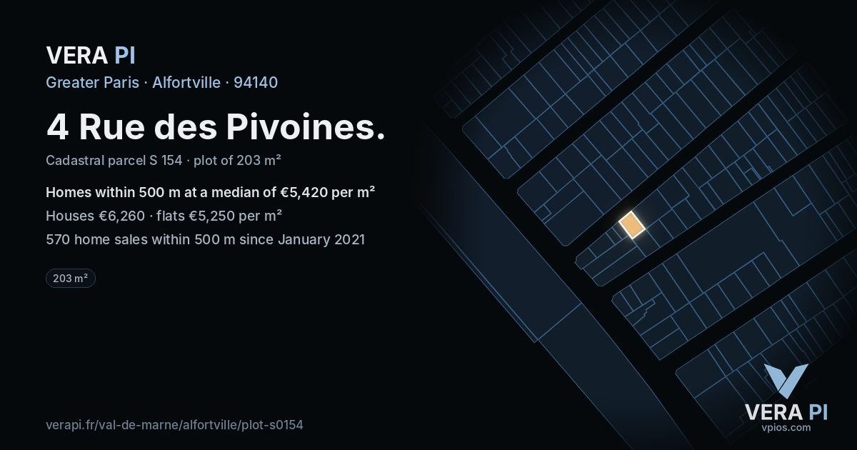 4 Rue des Pivoines, Alfortville at night – the plot lit, the parcels around coloured by the prices near them
