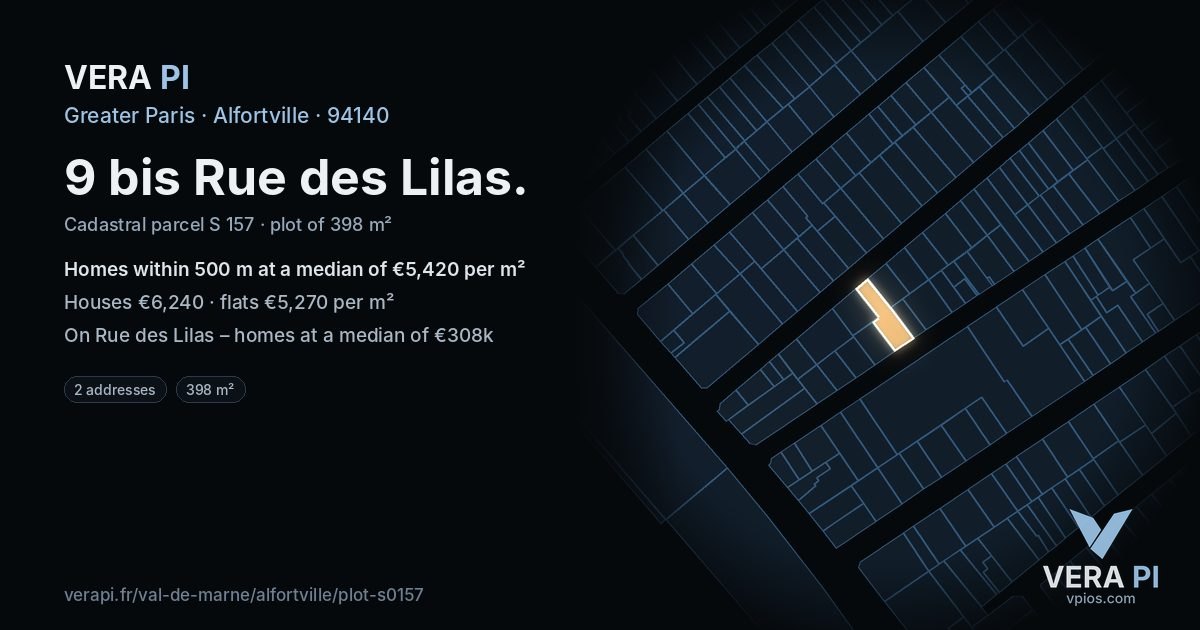 9 bis Rue des Lilas, Alfortville at night – the plot lit, the parcels around coloured by the prices near them