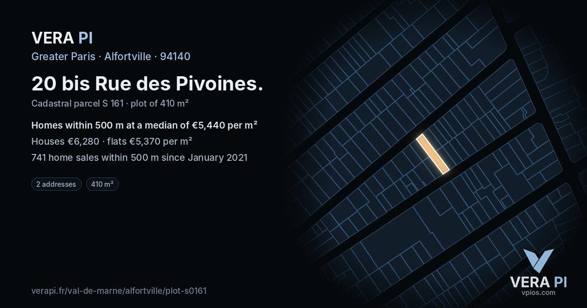 20 bis Rue des Pivoines, Alfortville at night – the plot lit, the parcels around coloured by the prices near them