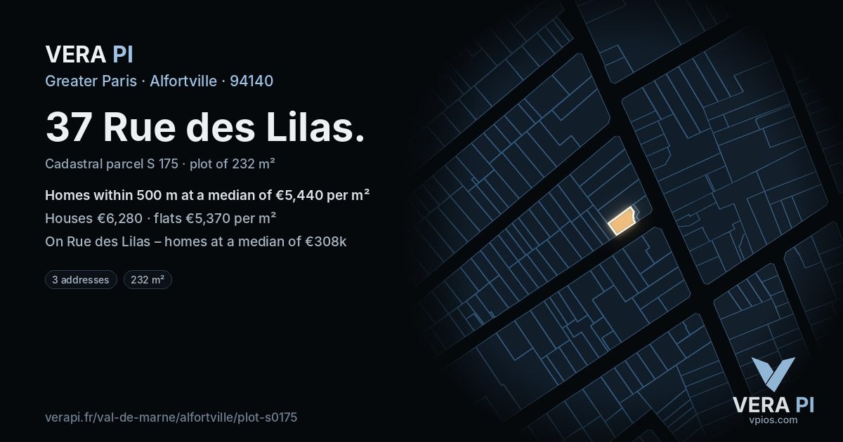 37 Rue des Lilas, Alfortville at night – the plot lit, the parcels around coloured by the prices near them