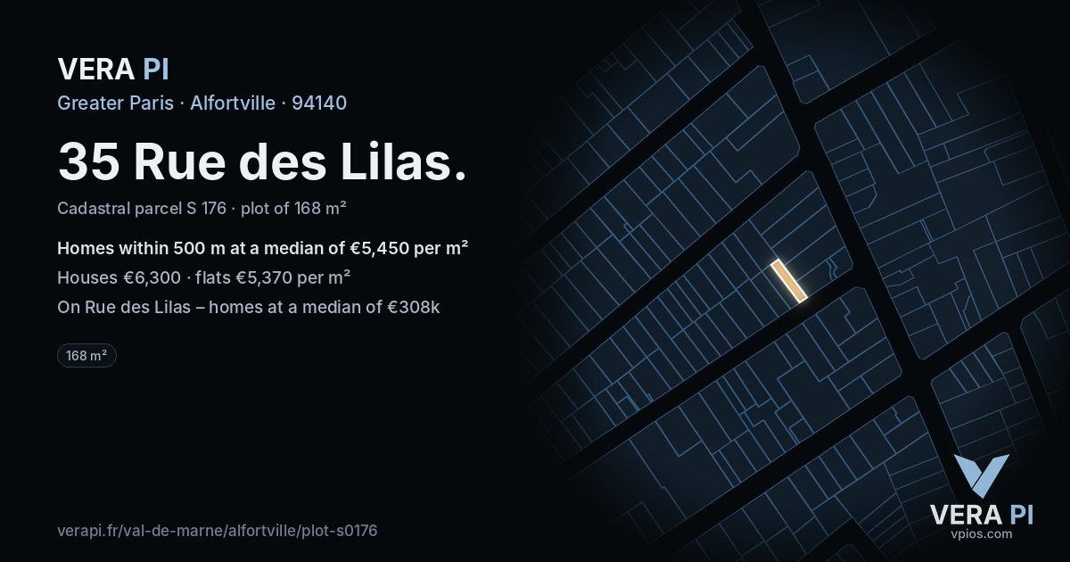 35 Rue des Lilas, Alfortville at night – the plot lit, the parcels around coloured by the prices near them