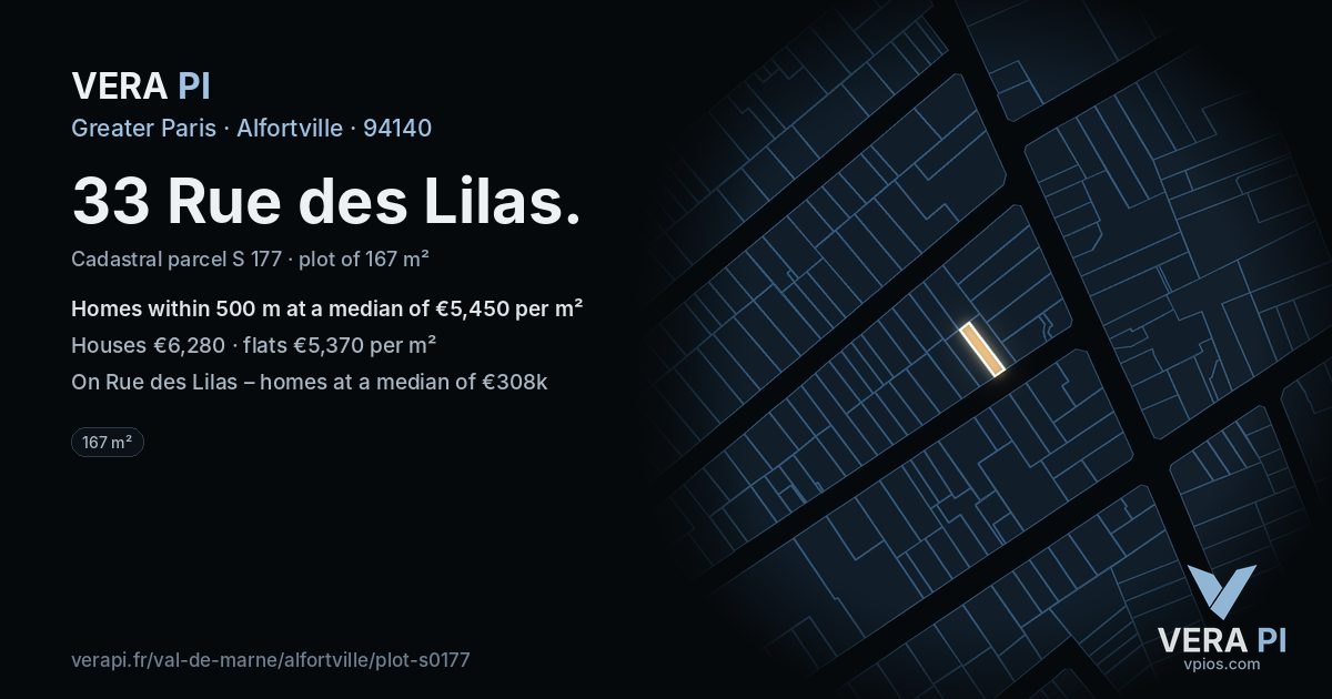 33 Rue des Lilas, Alfortville at night – the plot lit, the parcels around coloured by the prices near them