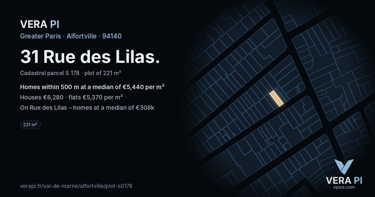 31 Rue des Lilas, Alfortville at night – the plot lit, the parcels around coloured by the prices near them